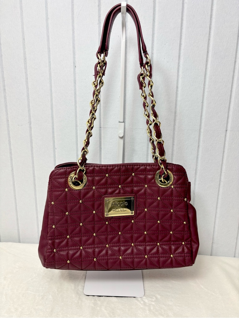 Nicole Miller Quilted Shoulder Bag in Burgundy with Gold Hardware